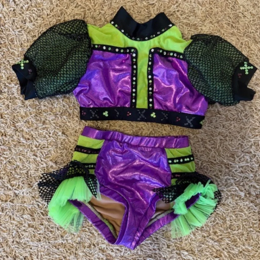 Custom Dance Competition Costume - Jazz - Purple/Green/Black - Child S/M (6-7) - Picture 1 of 2